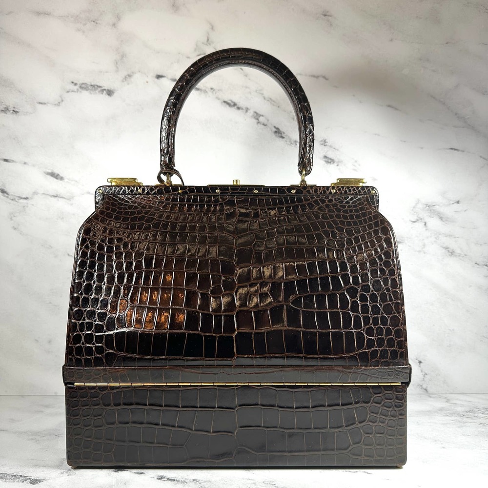 ❌❌ Hermes Crocodile Doctor's Bag Sac Mallette Marron Fonce Shiny Vintage tote - Picture 4 of 16